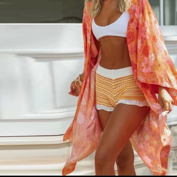 SOLD OUT Orange Boho Floral Retro Kimono Coverup Beach Wrap - Picture 4 of 8